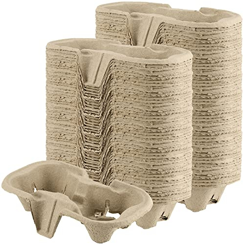 JEUIHAU 100 Pack Pulp Fiber Drink Carrier, 2 Cup Carrier Tray for 8-24 oz Cups, Biodegradable Drink Carrier for Delivery of Hot or Cold Drinks, Ideal To Go Drink Holder for Car Food Delivery