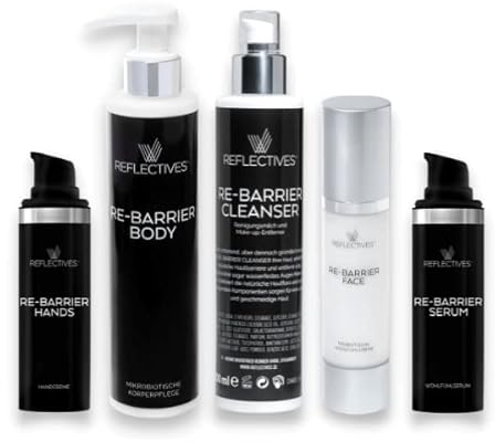 REFLECTIVES Re-Barrier Complete-Set- Mikrobiotisches Gesichtsserum das die Haut beruhigt, Sanfte Reinigungsmilch mit beruhigendem und Aloe Vera und Allrounder-Handcreme gegen raue und rissige Haut