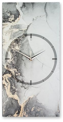 Kreative Feder Designer-Wanduhr Grey & Gold Marble aus Stein mit Zeigern aus gebürstetem Aluminium - Designeruhr aus Stein mit flüsterleisem Uhrwerk (Grey & Gold Marble, leises Quarzuhrwerk)