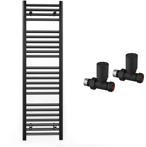 Myhomeware 400mm Wide Straight Black Heated Bathroom Towel Rail Radiator With Valves For Central Heating UK (With Black Straight Valves, 400 x 1200mm (h))