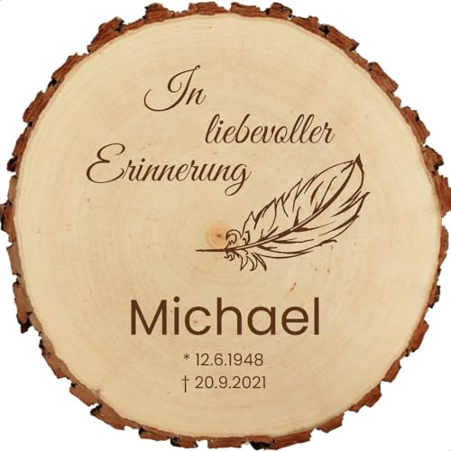 Baumscheibe 18cm mit Gravur (Namen, Datum) personalisierte Holz-Gedenktafel, Grabschmuck, Trauer Gedenkschild, Andenken an Verstorbene, Grab-Dekoration, Feder MotivTR4