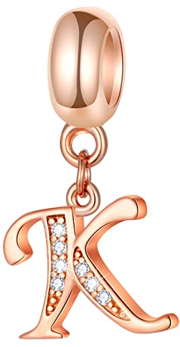 GLOWDAS Rosegold Buchstabe K Charms Alphabet Perlen, 925 Sterling Silber Initial K Dangle CZ Letter Halskette Anhänger Passform Pandoras Lederarmbänder, für Kinder/St. Patricks Day Geschenke