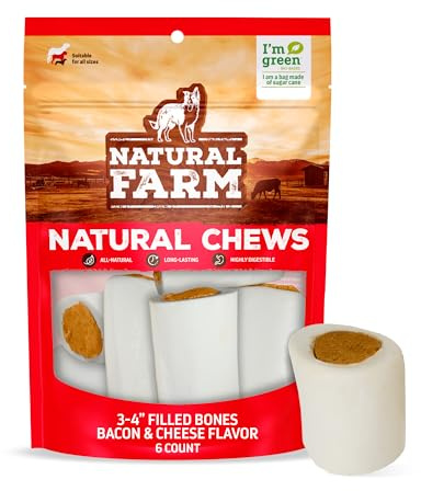 Natural Farm Bacon & Cheese Filled Bones (3-4 Inch, 6 Pack), Limited Ingredient, Natural Stuffed Dental Dog Bone Treats for Dogs, Made with Real Beef