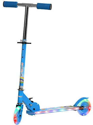 HOMCOM Trottinette pour Enfants de 3 à 7 Ans, Roues légères et Pliables en PU, 12 lumières LED, Musique, 4 Niveaux de réglage de la Hauteur du Guidon, Frein à Friction, Bleu