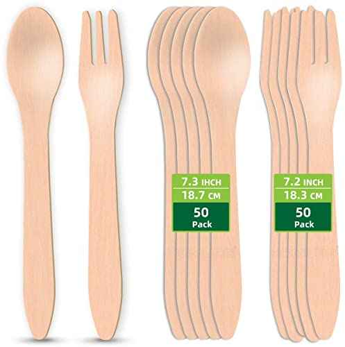 HOMURG Disposable Wooden Spoon and Fork Set for 50 Guests, Eco-Friendly Party Flatware Set of 100 Pack with Wood Forks 50 PCS + Spoons 50 PCS, Bigger Size Wood Cutlery & Better for Dinner Parties