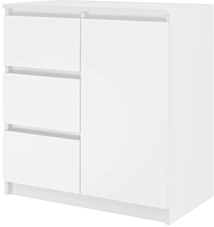ADGO Schubladenkommode 1 Tür 3 Schubladen Moderne Schubladenkommode für Wohnzimmer Büro 80x75x40 cm Funktionelle Schubladenkommode Grifflose Fronten(Wird in 2 Paketen geliefert) (Weiß)