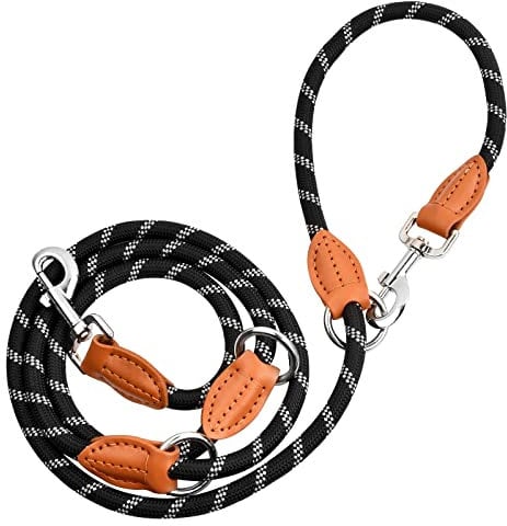 Multi-Function Hands Free Dog Lead, 2m Adjustable Double Ended Lead Dog Training Lead Leash with 2 Movable Metal Rings, for Training Walking Running Multi-Function Dog Lead Rope (Black)