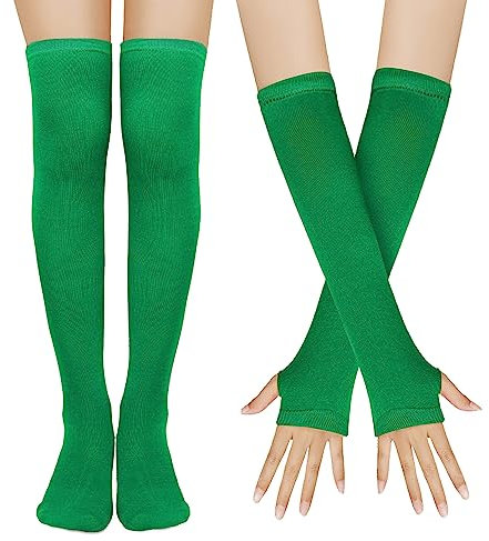 Benefeet Sox Damen Mädchen Gestreifte Oberschenkelhohe Socken über Knie Hohe Socken Bein Arm Wärmer Fingerlose Handschuhe Set Tube Kostüm, Grün, Regulär