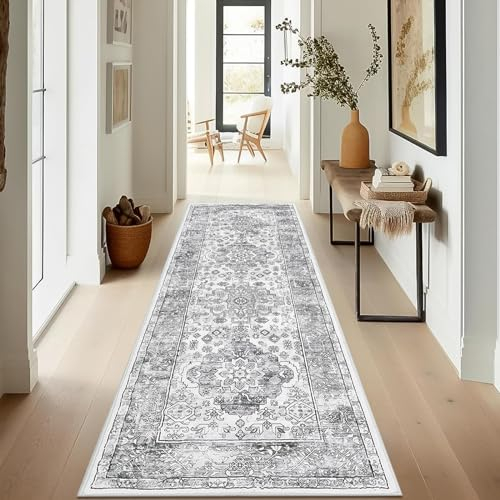 Enyhom Tappeto runner per corridoio, grigio, vintage, morbido al tatto, lavabile in lavatrice, cucina, passatoia antiscivolo, per camera da letto, soggiorno e ingresso, 60 x 180 cm