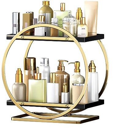 Treesunshine Makeup Organizer, 2 Stöckiger Kosmetik Aufbewahrungskorb, Parfüm Organizer, Skincare Organizer, Badezimmer Organizer für Kommode, Schlafzimmer, Wohnzimmer, schwarzes Gold