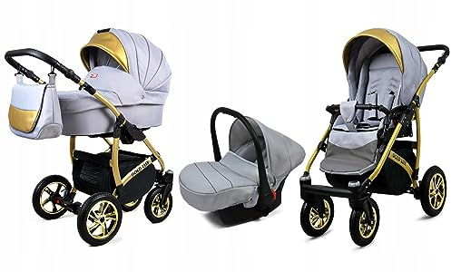 BabyLux® Bambimo Kinderwagen Set 3 in 1 - Gold Lux - incl. Babywanne, Buggy Sportsitz, Auto-Babyschale - Autositz - Kinderwagenset - Kombikinderwagen mit Wickeltasche, Regenschutz usw.