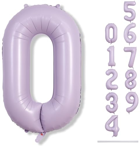 Pastel Purple Number 0 Balloons 40 Inch, Large Lilac Number Balloons 0-9 Set, Light Purple 0 Mylar Foil Balloon Numbers for Girls Women Baby Shower Birthday Graduation Anniversary Party Decorations