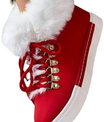 Fenlogft Winter Women's Snow Boots Short Barrel,Large Size, Fleece Lined Thickened Boots for Cold Weather (Christmas Red,7)