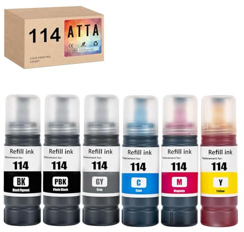 ATTA 114 Ink Bottle Replacement for Epson 114 Ecotank 114 Compatible with Epson EcoTank ET-8500 ET-8550 C13T07A140 C13T07B140 C13T07B240 C13T07B340 C13T07B440 C13T07B540 (6 pack)