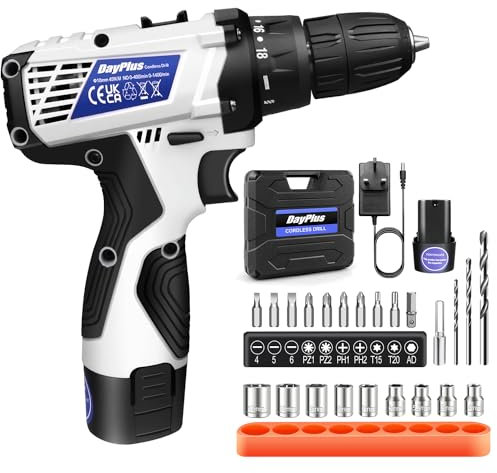 16.8V Cordless Drill, 2x 1500mAh Battery Power Drill Set with 23Pcs Accessory Impact Driver/Drill Bits, 18+1 Torque Setting, 3/8’’ Keyless Chuck, 2 Variable Speed 45N.m Torque with Storage Case