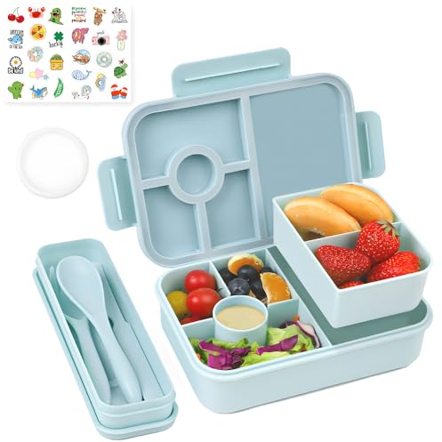 Bugucat Fiambrera 1300ML 3PCS, Bento Box Fiambrera Infantil con 5+2 Compartimentos y Cubiertos, Lunch Box Hermetico Fiambreras para Adultos Niños, Loncheras Ideal Para,Picnic,Trabajo,Púrpura,Azul