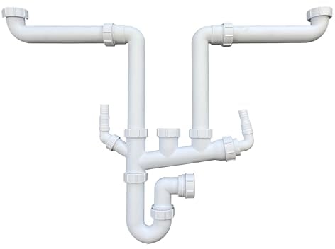 Multi-Fit Double Bowl Sink Waste Kit Space Saving - 1.1/2 40mm Double Bowl P Trap Kit with Washing Machine Waste Splitters, Sink Waste Kit BS EN 247-1:2002 75mm Water Seal