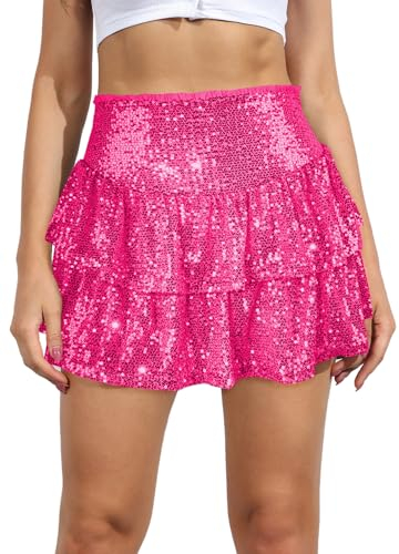 Segreto Damen Glitzer Pailletten Rock A-Linie Hohe Taille Kurz Minirock Dehnbar Party Faltenrock Rosa Rot