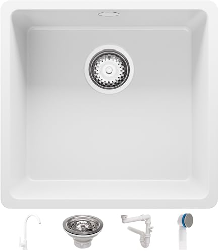 Fregadero bajo Encimera Blanco 46x44cm, Granito 1 Seno + Sifón + Grifo, Al mueble 50cm - Venecia Easy de Primagran