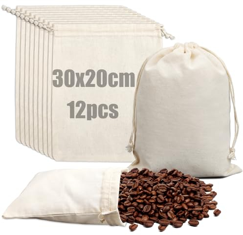Cotton Drawstring Bag 30×20 cm Cotton Muslin Bags Reusable 12 Pcs Drawstring Bags Breathable Pouches Packing Storage Bags Cotton Bags Canvas Bag for Festival Wedding Party Birthday Jewelry DIY Craft