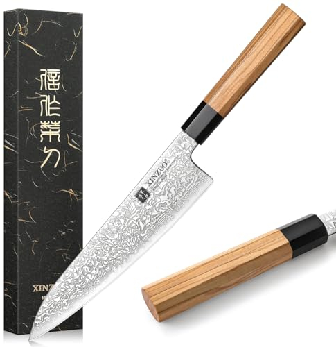 XINZUO 8.5 Inch Chef Knife, 67 Layers Hand Forged Damascus Steel Kitchen Knife Professional, Ultra Sharp,Olive Wood Octagonal Handle,Gift Box