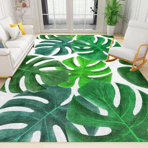 WTVBHF Böhmischer Smaragdgrüner Palmenblatt-Teppich, Moderner Leichter Luxus-Schlafzimmerteppich Mit Tropischer Pflanze Monstera, Weich rutschfest, Geeignet Für Wohnzimmer Studio Wohnung-80x150cm