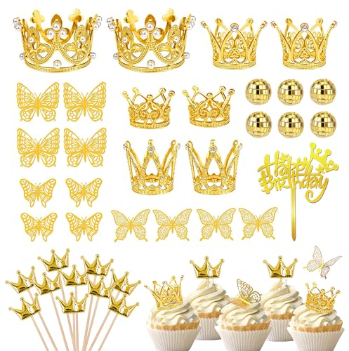 DRWATE 37 Pcs Crown Cake Topper Mini Gold Crown Butterfly Disco Ball Decorations for Women Girls Wedding Birthday Baby Shower Party (Gold)