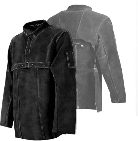 LeaSeek Veste de soudeur en cuir – Tablier de soudage robuste avec manches, manteau de soudeur en cuir de vache résistant à la chaleur pour homme et femme