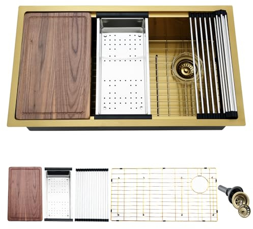Jshozzy Fregadero de cocina bajo encimera dorado, de 33 x 19 pulgadas, fregadero de cocina de acero inoxidable calibre 16, fregadero de cocina profundo dorado con drenaje compensado