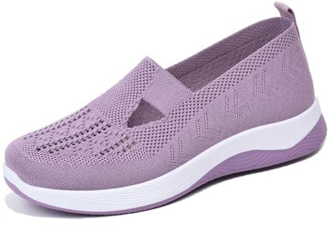 Women's Woven Orthopedic Breathable Soft Sole Shoes Walking Slip on Shoes Hands Free Slip in Casual Sneakers Arch Support Stretch Shoes Light Purple