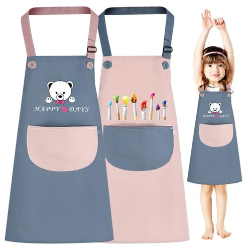 2 Piezas Delantal Infantil Con Bolsillo, Impermeable Para Artes, Manualidades, Pintura y Cocina - Para Niños y Niñas (Cuero Rosa + Cuero Azul)