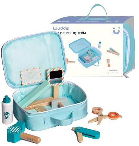 Wuddis Set Peluquería Juguete Madera - Juguetes Montessori 3 años, 11 Accesorios, Madera Certificada FSC, Pintura Ecológica a Base de Agua, Juegos Infantiles Seguros y Ecológicos