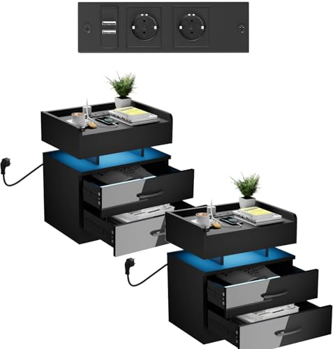 2 Nachttisch Schwarz LED, Nachttische mit Steckdose und Ladefunktion, Nachtschrank mit 2 Schublade Viel Stauraum, Nachtisch Nachtkästchen für Schlafzimmer Wohnzimmer, 45x35x52cm Beistelltisch