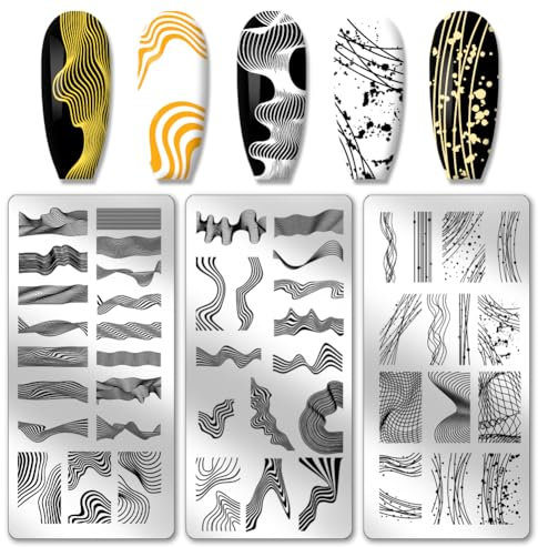PH PandaHall 3pcs Line Texture Nail Stamping Plates, Streamline Nail Stamper Wavy Lines Nail Art Stencils Print Nail Stencils Stainless Steel Nail Image Plates for Nail Art Design Manicure Salon