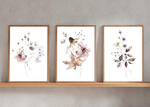 Kunstdruck 3-teilig Din A4 ohne Rahmen - Aquarell - Zarte Blumen - Strauß Blüten Pflanze Natur Landhaus Romantik - Druck Poster Bild