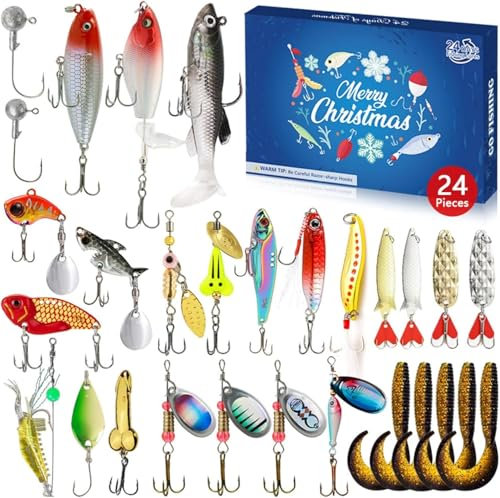 Angel Adventskalender 2024, 24 Angeln Köder Set Adventskalender für Fischer, Fischer Adventskalender Raubfisch, Angelkalender Weihnachten Geschenk, Weihnachtskalender 2024 Adventskalender Angeln Teena