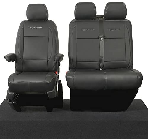 UK Custom Covers Passend für VW Transporter T6/T6.1 (ab 2015), maßgeschneiderte Kunstleder-Vordersitzbezüge mit Transporter-Stickerei (Einzel-/Doppelbett mit Armlehnen), Schwarz, SC424BAD4