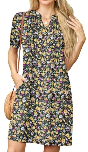 GRECERELLE Womens Dresses Summer Casual Short Sleeve V Neck Shift Dress for Women Ladies T Shirt Dress with Pockets
