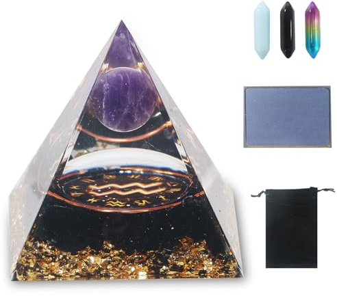 LANZLC Orgonit Pyramide, Reiki Kristall Pyramide mit kristalle, 12 Constellation Edelsteine, Esoterik Sternzeichen Geschenke mit schwarzem Samtbeutel für Chakra-Heilung,Meditation, Yoga (Wassermann)