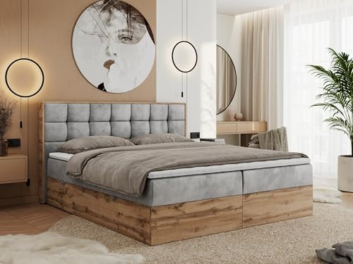 MKS MEBLE Boxspringbett 200x200 mit Bettkasten Holz Holzrahmen, Boxbett 200x200 mit Matratze H3 und Kopfteil - Hellgrau Velvet - Albero-1