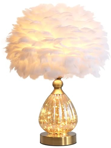 GUANSHAN Tischlampe aus Kristallfedern mit Lichterkette Romantische Tischbeleuchtung aus Federn Luxus-Nachttischlampe mit Federlampenschirm für Wohnzimmer, Schlafzimmer