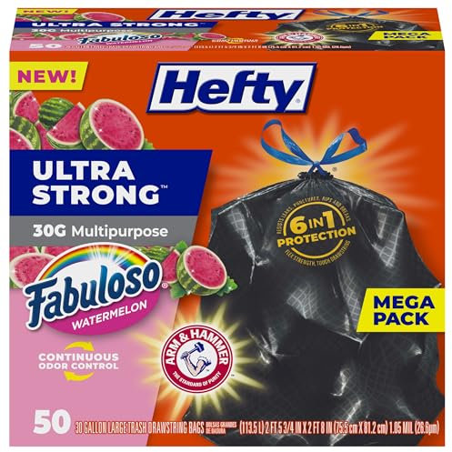 Hefty Lot de 50 grands sacs poubelle ultra résistants de 100 litres, polyvalents, résistants à la casse, à cordon de serrage, aux fuites, aux perforations et aux déchirures, noir, parfum pastèque