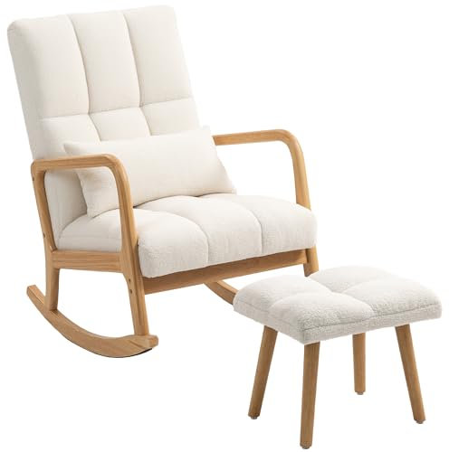 HOMCOM Fauteuil à Bascule avec Repose-Pieds, Rocking Chair, Fauteuil Allaitement en Tissu Bouclette, Assise Large, Pieds en Bois, Coussin Inclus, Chaise à Bascule pour Salon, Chambre, Balcon, Blanc