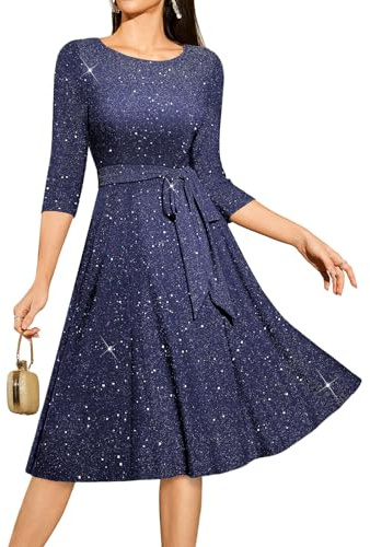 DRESSTELLS Cocktail Dresses for Women UK, Wedding Guest 3/4 Sleeve Sparkly Holiday Prom Party Dress, Sequin Aline Modest Mother of Bride Midi Dress Glitter Navy XL