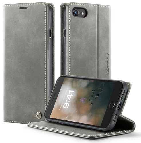 owlhold Handyhülle für iPhone SE 2022 / SE 2020 / iPhone 8/7/6 hülle klapphülle Premium PU Leder, RFID Schutzhülle, Faltbare Ständer, Handytasche Lederhülle Kartenfach Standfunktion - Grau