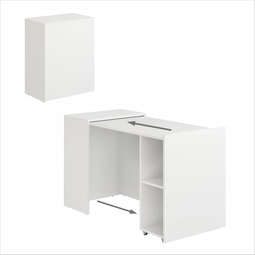 KOMTO Schreibtisch mit Stauraum Weiß – PC Tisch mit 2 Regal, Computertisch, Bürotisch, Klappschreibtisch für kleine Räume | Table FOLDY 128 x 60 x 75 cm