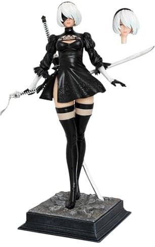 NlsqUK 2B Game Position Statue, Interchangeable Head PVC Model (Black,28cm)
