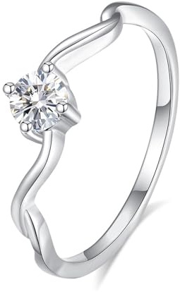 Stfery Welle Solitärring 14 Kt Weißgold Damen, Verlobungsring mit Moissanit 0.3ct Echt Gold Au585 Gr.57 (18.1)