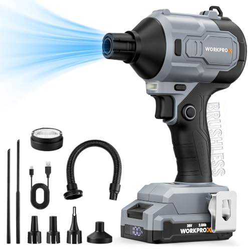 WORKPROX 20V Bürstenloser Akku Staubbläser mit Akku Pack | Gebläser mit 74,000 rpm Turbinenmotor und Arretierungsknopf, 4 Stufenlose Regelung bis zu 470 mph, maximale Laufzeit 27 Min.