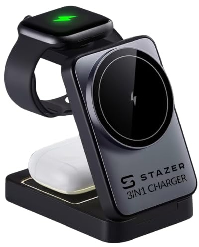 Induktive Ladestation 15W 3 in 1 kompatibel mit Apple Watch iPhone AirPods | Das faltbare Induktionsladegerät lädt Smartphone, Smartwatch und Kopfhörer kabellos per Qi Ladestation mit Schnellladung